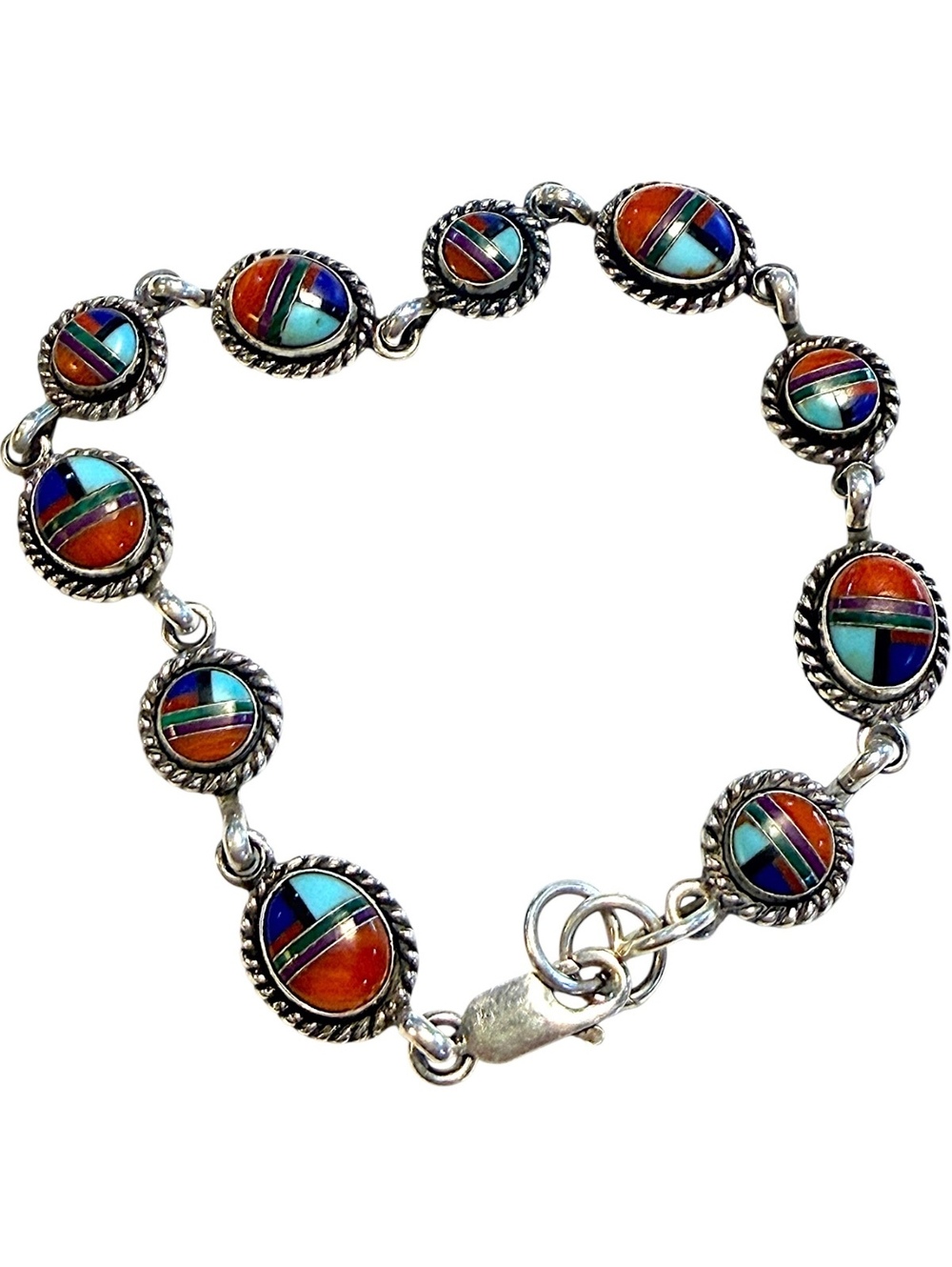 Vintage 🩵 Sterling Silver Inlay Bracelet Turquoise Coral Lapis Sugilite Malachit